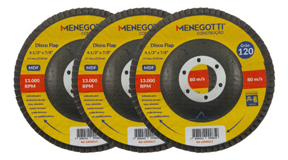 3x Discos Flap Grão 120 115x22,23mm Menegotti P/aços Metais 0