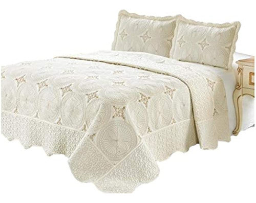 Colcha Bordado Colcha2 Almohada Sham 3 Piezas Color Crema 0