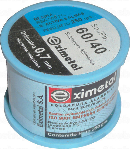 Rollo Estano Soldadura 250g D=0.7mm Eximetal Alambrica 1/4kg 0