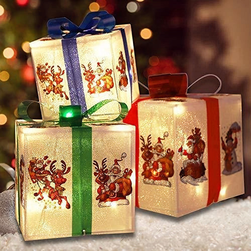 Juego De 3 Cajas Iluminadas Con Lazos, Con Cadena De Luz Led 1