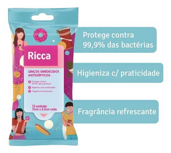 3 Pct Lenços Umedecidos Atissépticos Ricca Refrescante 10un 1
