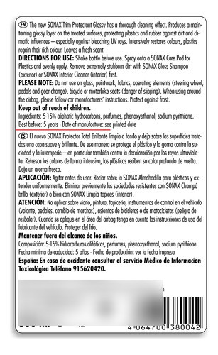 Protector Plastico Goma Brillo Aroma Interior Exterior Sonax 1
