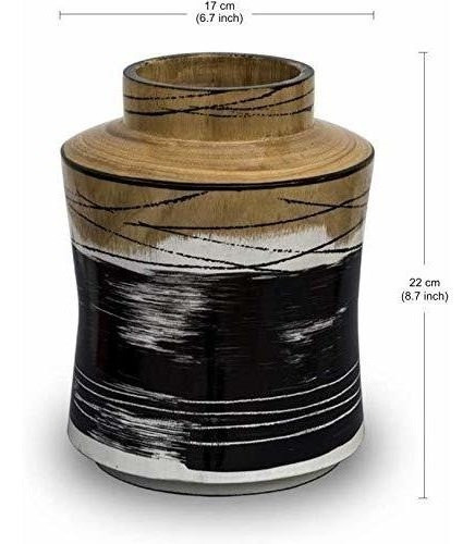 H Jarron De Madera Hecho A Mano Con Pintura Blanca Negra Y 1