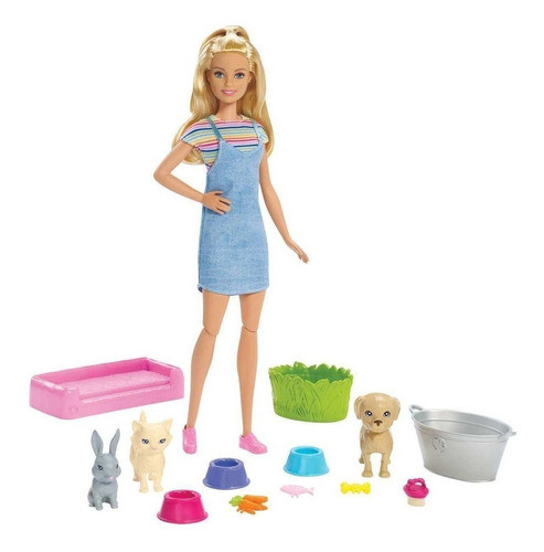 Nueva Muñeca Barbie Con Mascotas Accesorios Baño Y Comida 1