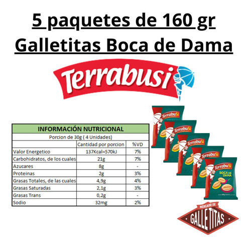 Pack X 5 Galletitas Boca De Dama Terrabusi X 160grs 1