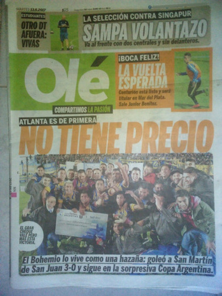Diario Ole 13 Junio 2017 Atlanta 3 San Martin (sj) 0 0