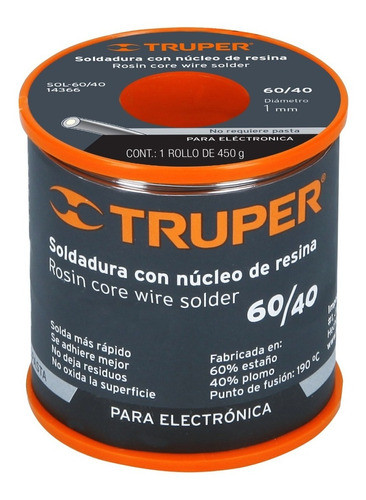 Soldadura Estaño Sin Pasta 60/40 Para Electrónica Truper Fc 1