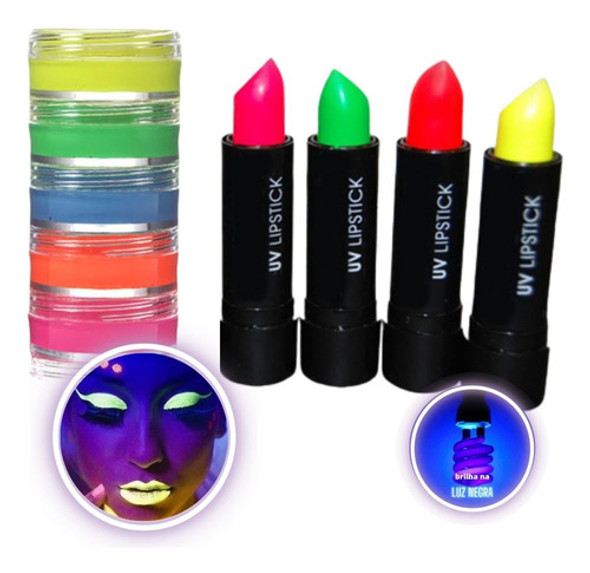 5 Tinta Neon + 1 Batom Neon Brilha Maquiagem Fluorescente 0