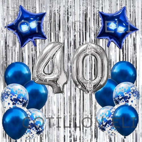 Combo Cumple Azul Plata + 5 Globos Con Confeti Cotillon 0