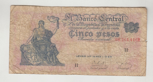 Billete Argentina 5 $ Bottero 1870 Año 1956 Malo 0