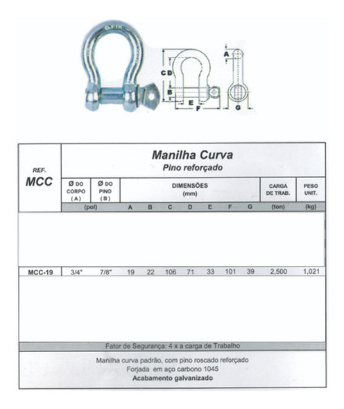 05 Un. Manilha Curva Corpo 3/4 Pino 7/8 2,5t Rosqueável 1