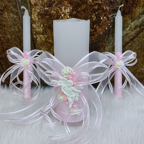 Set Velas Para Bautismo Con Velón Y Pañuelo Rosa 1