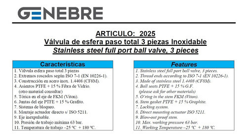 Válvula Esférica Tricuerpo Genebre Inox. Ø1 1/2 Art. 2025 1