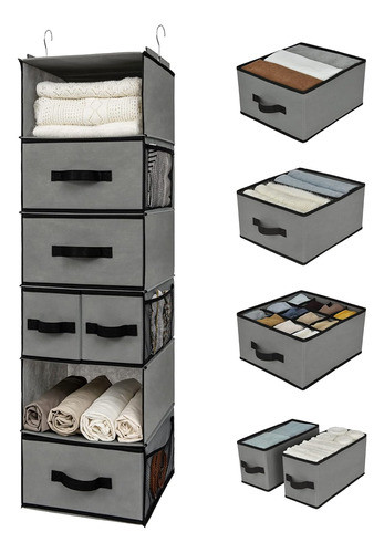 Organizador Armario Colgante 6 Estantes Con Cajones Gris 0