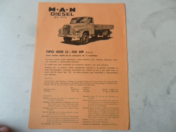 Folleto Man M.a.n Antiguo Camion 400 L1 Catalogo No Manual 0