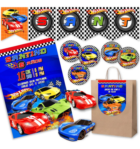Kit Imprimible Hot Wheels 100% Editable Candy Bar Banderines 0