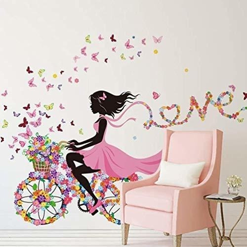 Vinilo Decorativo Mural Chica En Bici Flores Y Mariposas 1