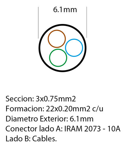 3 Cables Monoblock 3 Patas X 0.75mm 1,8m Iram 2073 Negro 1