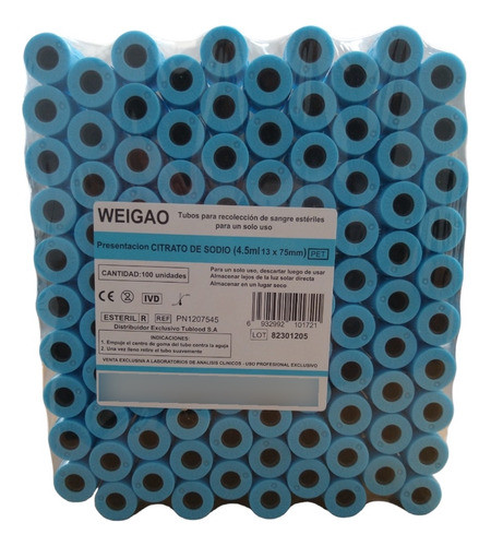 Tubos Prp Citrato De Sodio Al Vacio 3.8% 4.5ml Celeste X 100 1