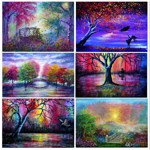Juego De 6 Kits De Pintura Con Diamantes 5d Arbol Paisajes 0