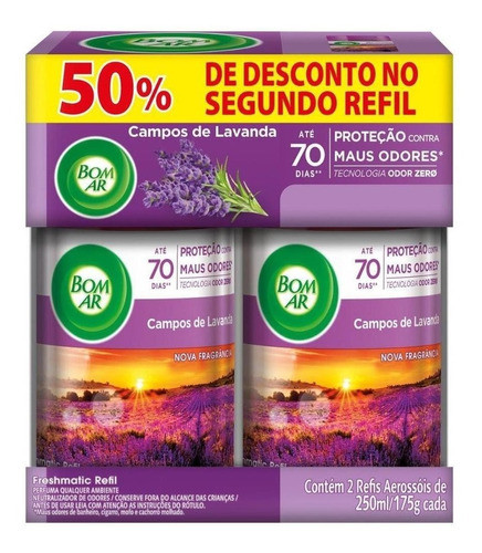 Aromatizador Bom Ar Campos De Lavanda 250ml 2refis Emb Promo 0