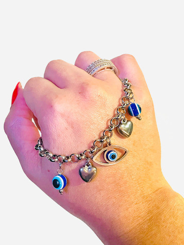 Pulsera Roló Y Ojo Turco Azul 17+3cm De Acero Quirúrgico 0