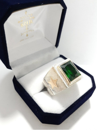 Anillo Sello Mesa Piedra Verde 10x12 Plata Y Oro 1