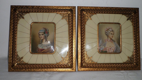 Antiguo Par De Cuadritos Bronce Labrado Galalite Pint A Mano 0