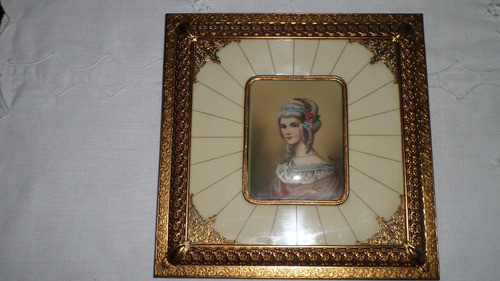 Antiguo Par De Cuadritos Bronce Labrado Galalite Pint A Mano 1