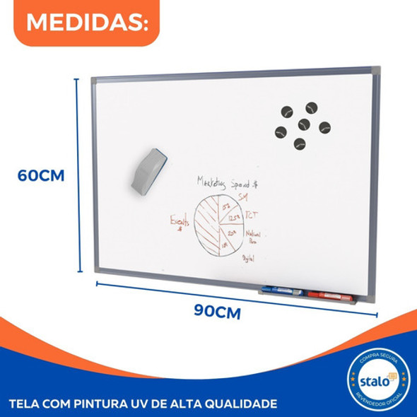 Quadro Lousa Branco Magnético 90x60 Office + Brinde 1