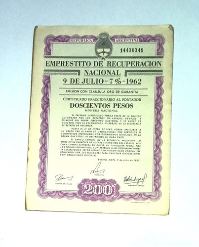 Titulo Emprestito 9 De Julio Año 1962#85 0