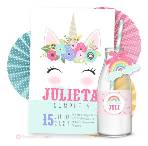 Kit Imprimible Unicornio Arcoiris Pastel Candy Invitación 3 0