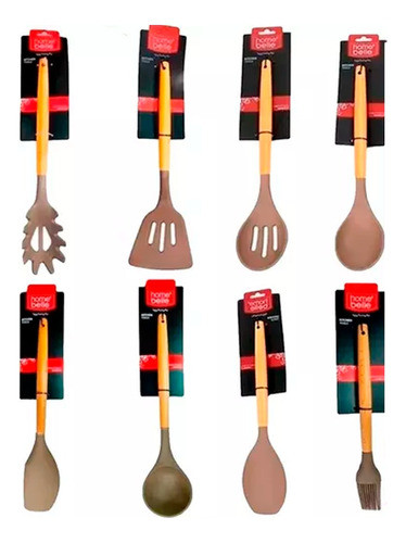 Set Kit Utensilios De Cocina Mango Madera Punta Silicona 0