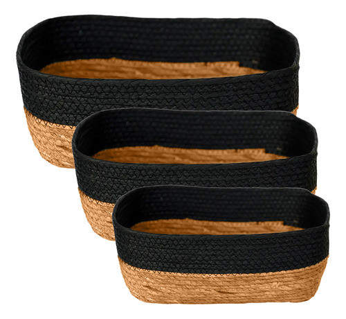 Kit 3 Cesto Multiuso De Fibra Natural Com Alça - Preto 0