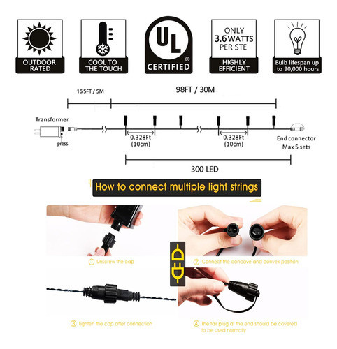 Kemooie 300 Luces Led De Navidad Para Exteriores, 99 Pies, C 1