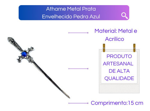 Punhal Metal Prata Envelhecido 15 Cm Pedra Azul 1