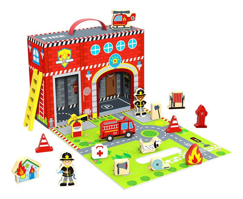 Caja Estación De Bomberos De Madera Tooky Toy Original 0