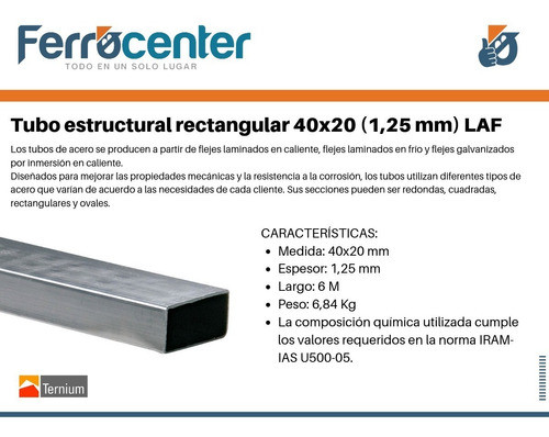 Tubo Estructural Rectangular 40x20 (esp 1,25 Mm)- 6 Mts 1
