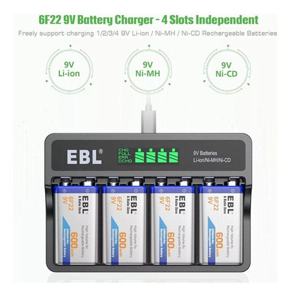 Combo Cargador Baterias 9v + 4 Baterias 600mah Ebl Smart Usb 1