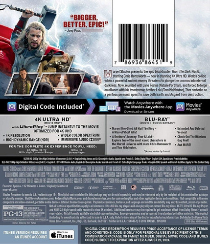 4k Ultra Hd + Blu-ray Thor The Dark World / Un Mundo Oscuro 1