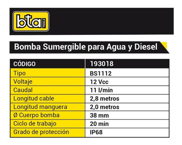 Bomba Trasvase Diesel Y Agua 12v Sumergible 11l/min Bta Prof 1