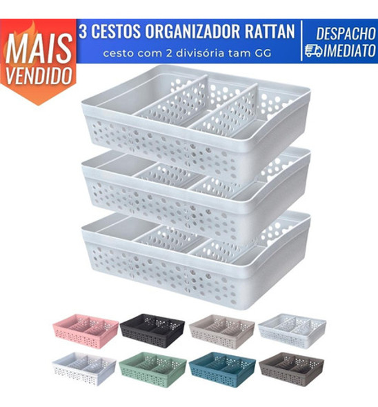 Kit 3 Cesto Organizador Rattan 2 Divisórias Tam Gg P/ Joias 1