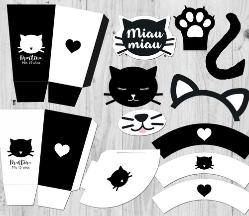 Kit Imprimible Gatitos Blanco Y Negro Con Textos Editables! 1