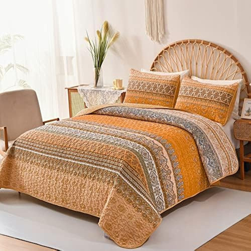 Goodidea Boho Quilt Set Queen Size, Colcha Estampada A Rayas 1
