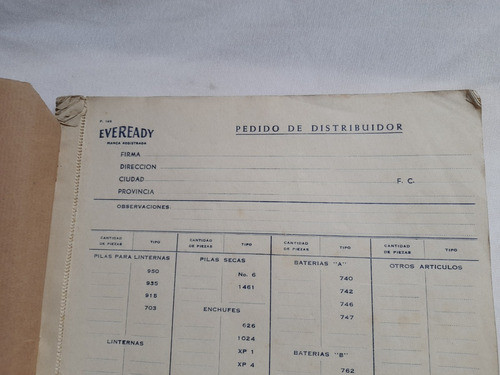 Antiguo Talonario De Pedidos Eveready, Pila, Publicidad 1
