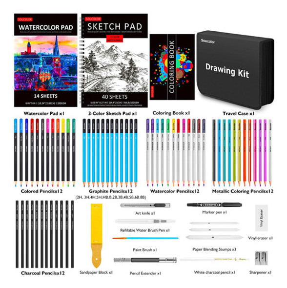 Kit Dibujo Bocetos Arte Lápices Cuadernos Colores 76 Piezas 1