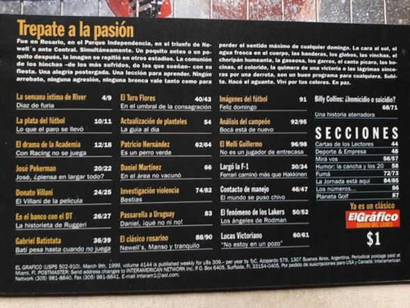 Revista El Gráfico Nº 4144 - Marzo 1999 - Newells Boca River 1