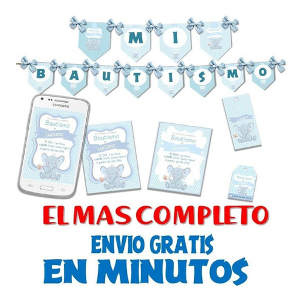 Kit Imprimible Candy Bar Bautismo Elefante Bebe Nene Full 1