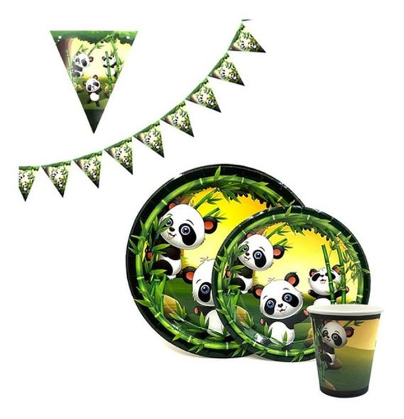 Set Oso Panda 10 Platos 23 Cm, 10 Vasos Y 1 Banderín 0