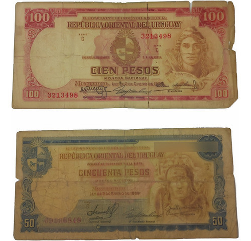 2 Billetes Uruguay 1939 50 - 100 Pesos  Fine 0
